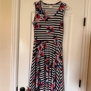 LuLaRoe Black and White Striped Midi Dress with Pink & Blue Floral Print